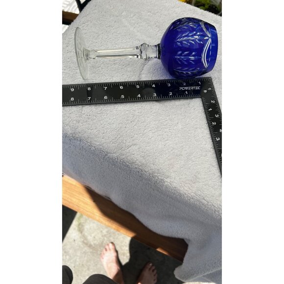 Vintage Cobalt Blue Cut Crystal Wine Goblet With Clear Stem - Picture 6 of 6